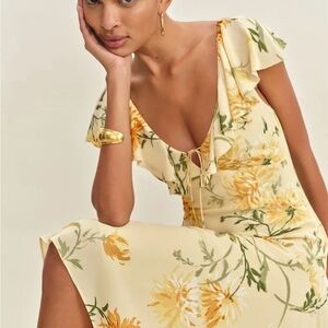 Reformation Cream and Yellow Floral Midi Dress